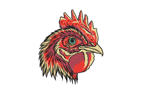Rooster head embroidery design with a dramatic portrait showing cherry red comb, layered buff and maroon feathers, teal-green eye, and bold black graphic outlines.