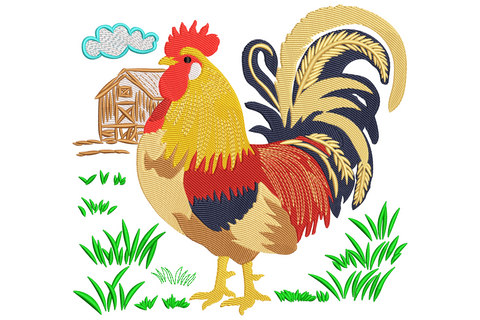 Colorful farm rooster embroidery with red comb, mustard tail feathers, red barn and aqua cloud above