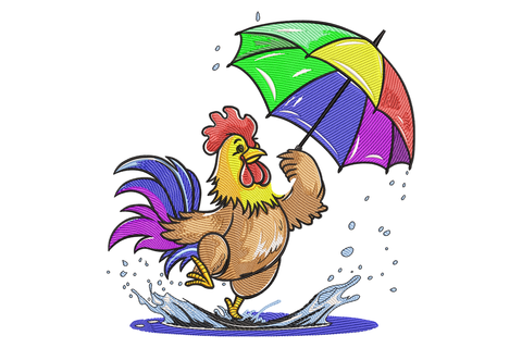 Rooster with Umbrella Machine Embroidery Design