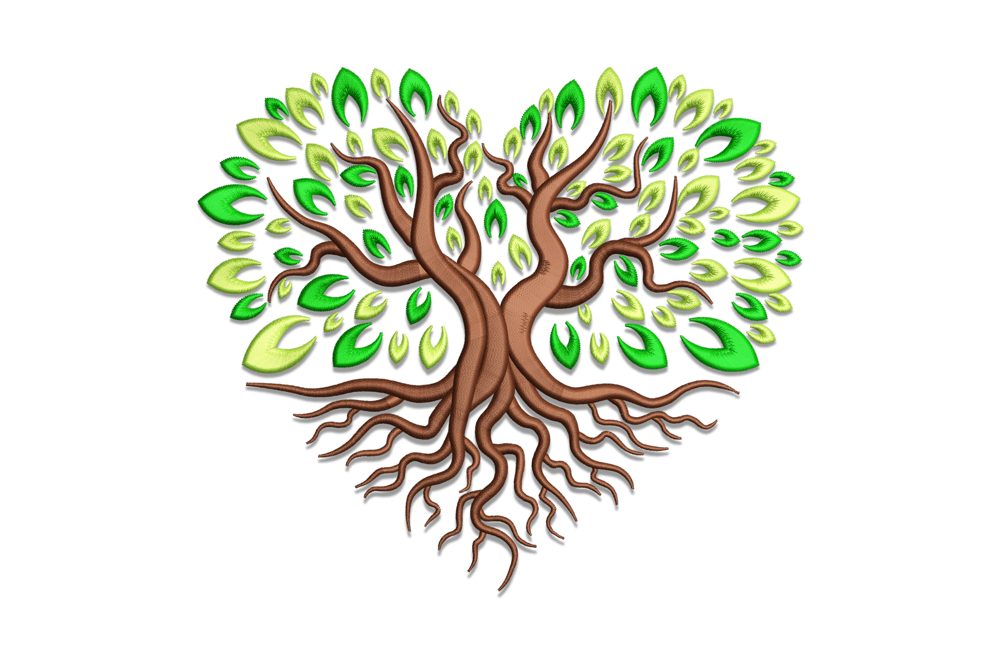 Tree of life heart-shaped canopy embroidery with spreading root system below, individual oval leaves in dark and light green, warm brown trunk and root branches, 3 color nature design