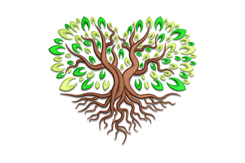 Tree of life heart-shaped canopy embroidery with spreading root system below, individual oval leaves in dark and light green, warm brown trunk and root branches, 3 color nature design