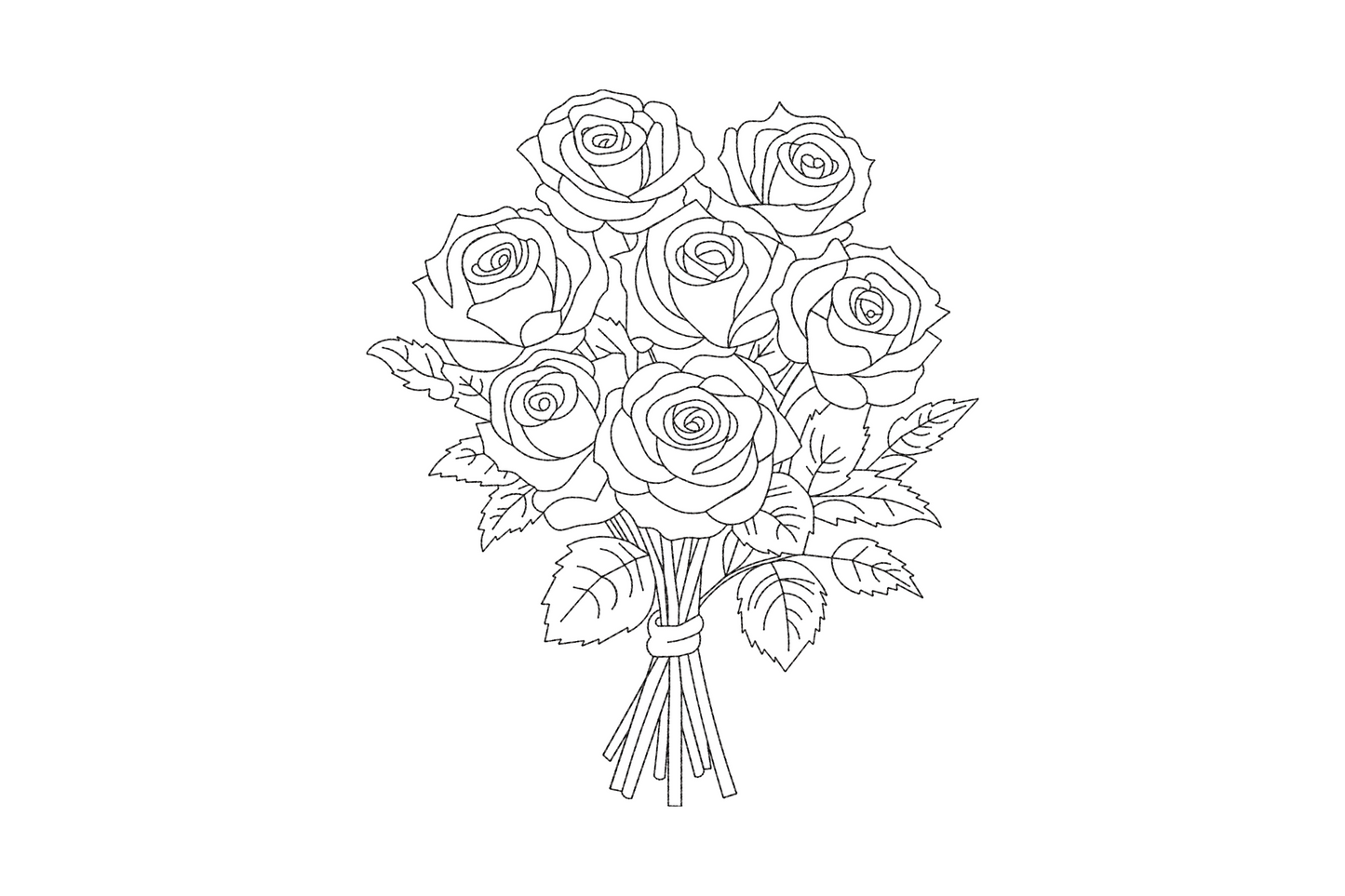 Single-color line art embroidery of seven-rose bouquet with detailed petals, serrated leaves, and tied twine stems, clean coloring-book style