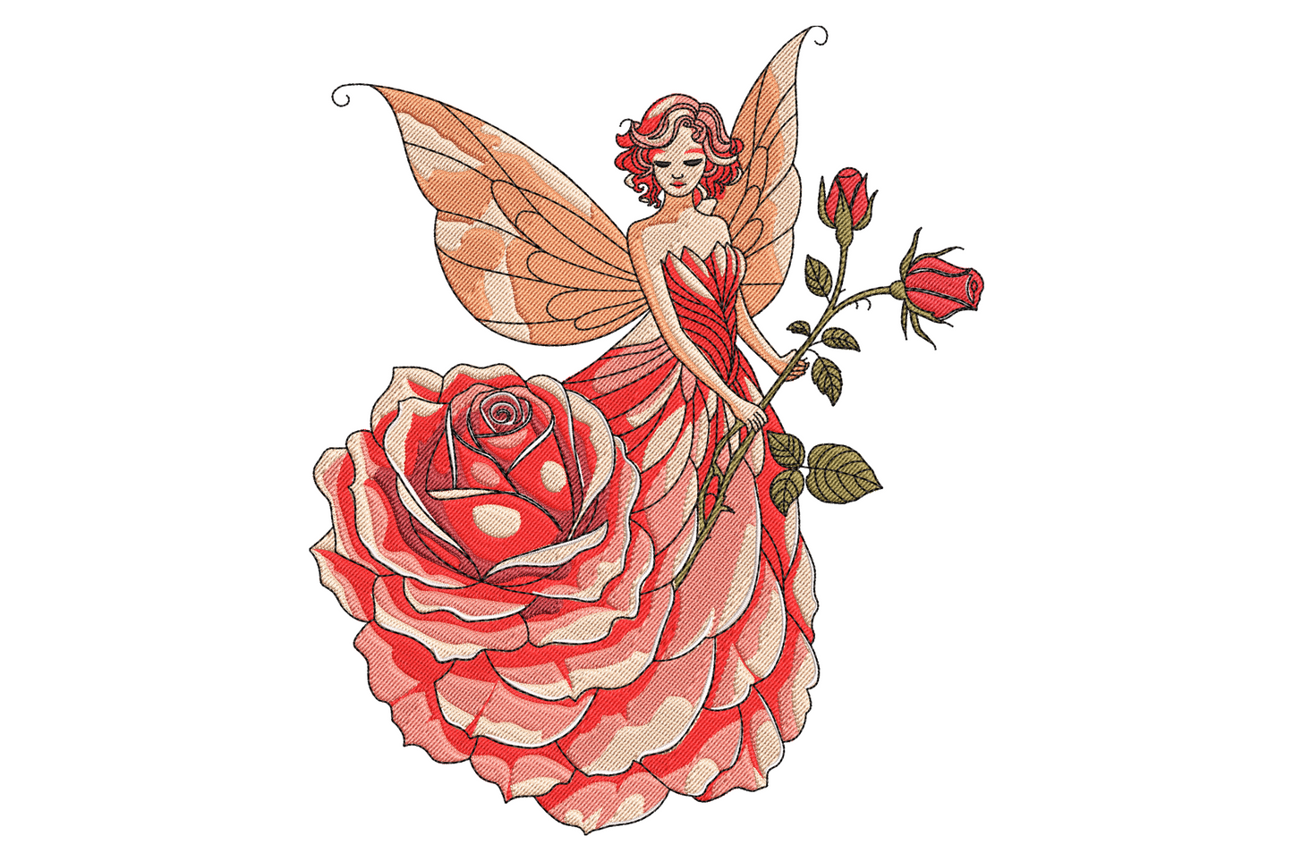 Rose fairy embroidery, fairy girl seated on a large red rose with dragonfly wings, coral and cream palette, fantasy floral.