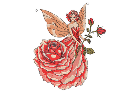 Rose fairy embroidery, fairy girl seated on a large red rose with dragonfly wings, coral and cream palette, fantasy floral.