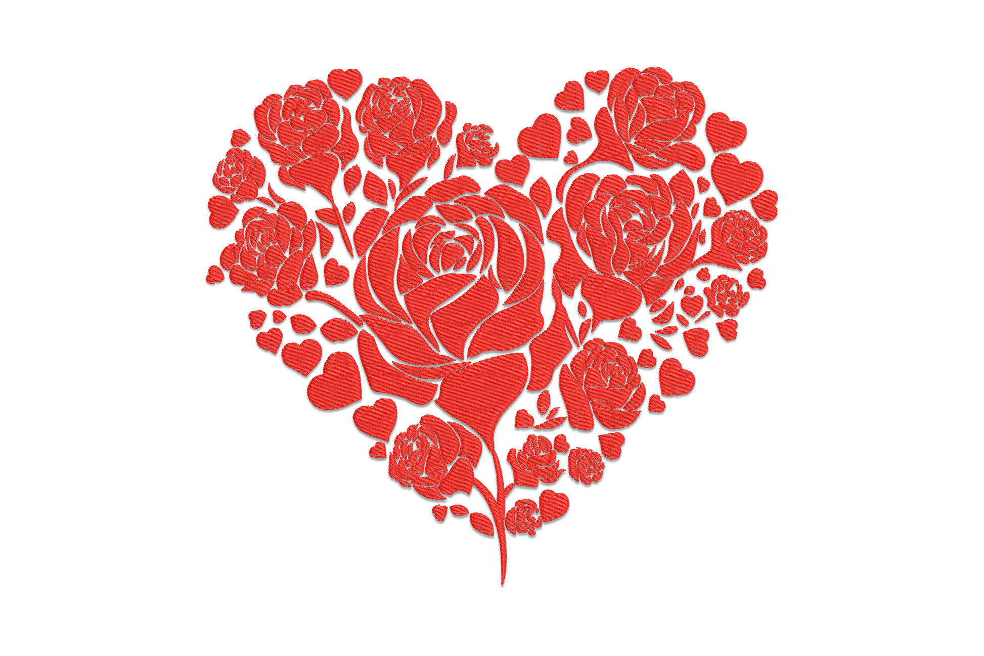 Rose floral heart embroidery design, dense packed roses filling a heart shape with directional satin stitch, single colour
