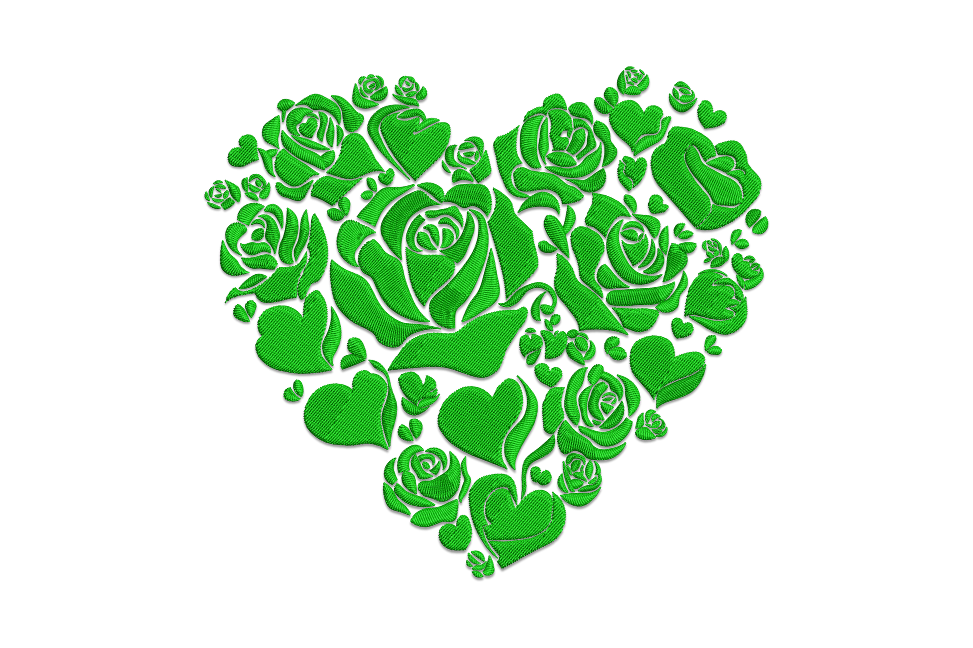 Rose heart floral embroidery design, roses forming a heart shape in single colour dense fill on white background