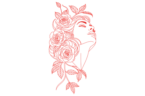 Rose lady line art embroidery, red single-colour redwork, woman profile with closed eyes framed by three large blooming roses and trailing leaves.