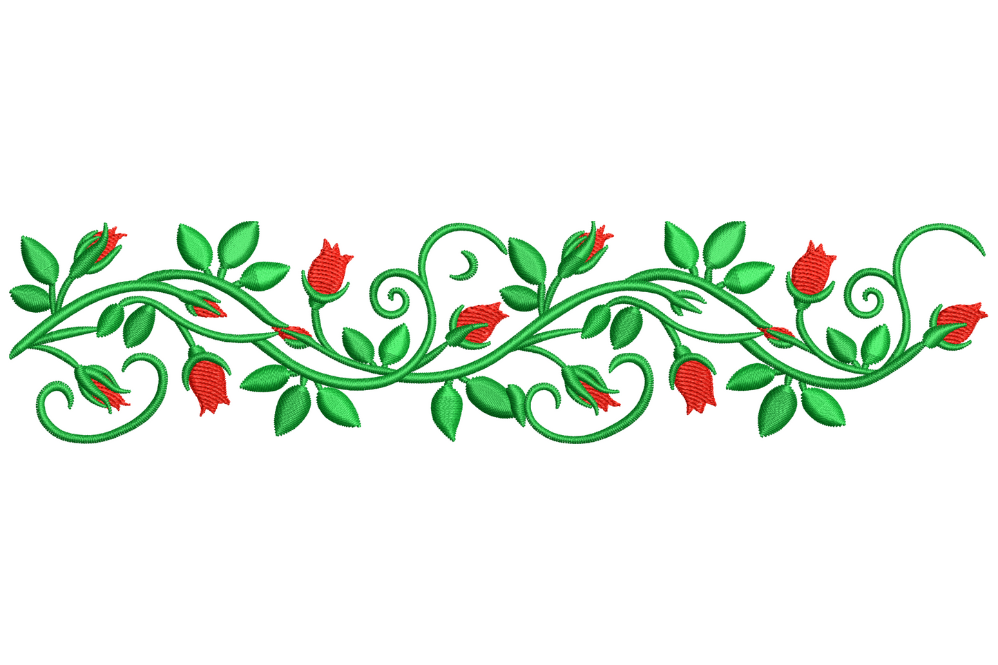 Rose vine border embroidery with curling green vine, red rosebuds, pointed leaves and curly tendrils along a slim strip.