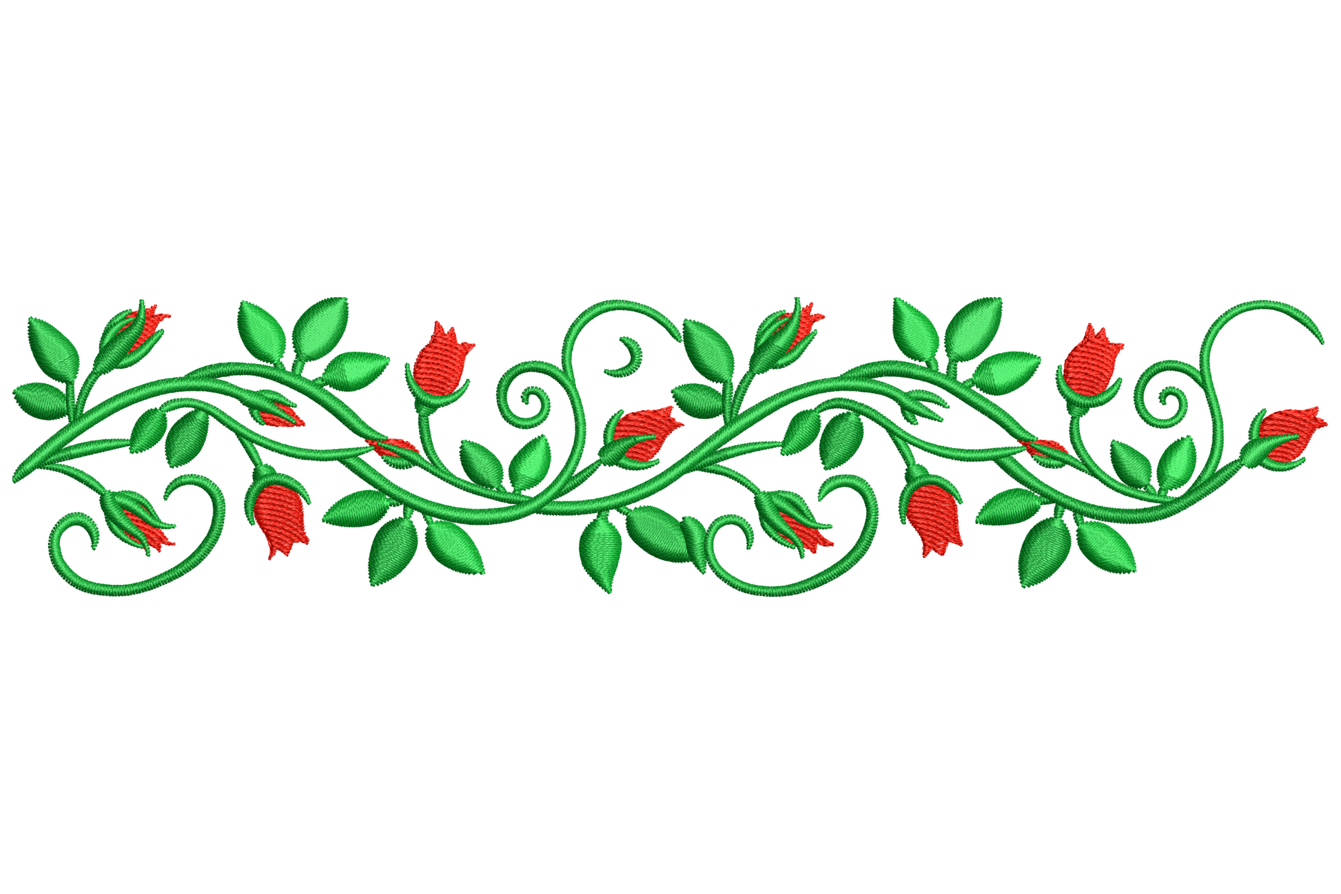 Rose vine border embroidery with curling green vine, red rosebuds, pointed leaves and curly tendrils along a slim strip.