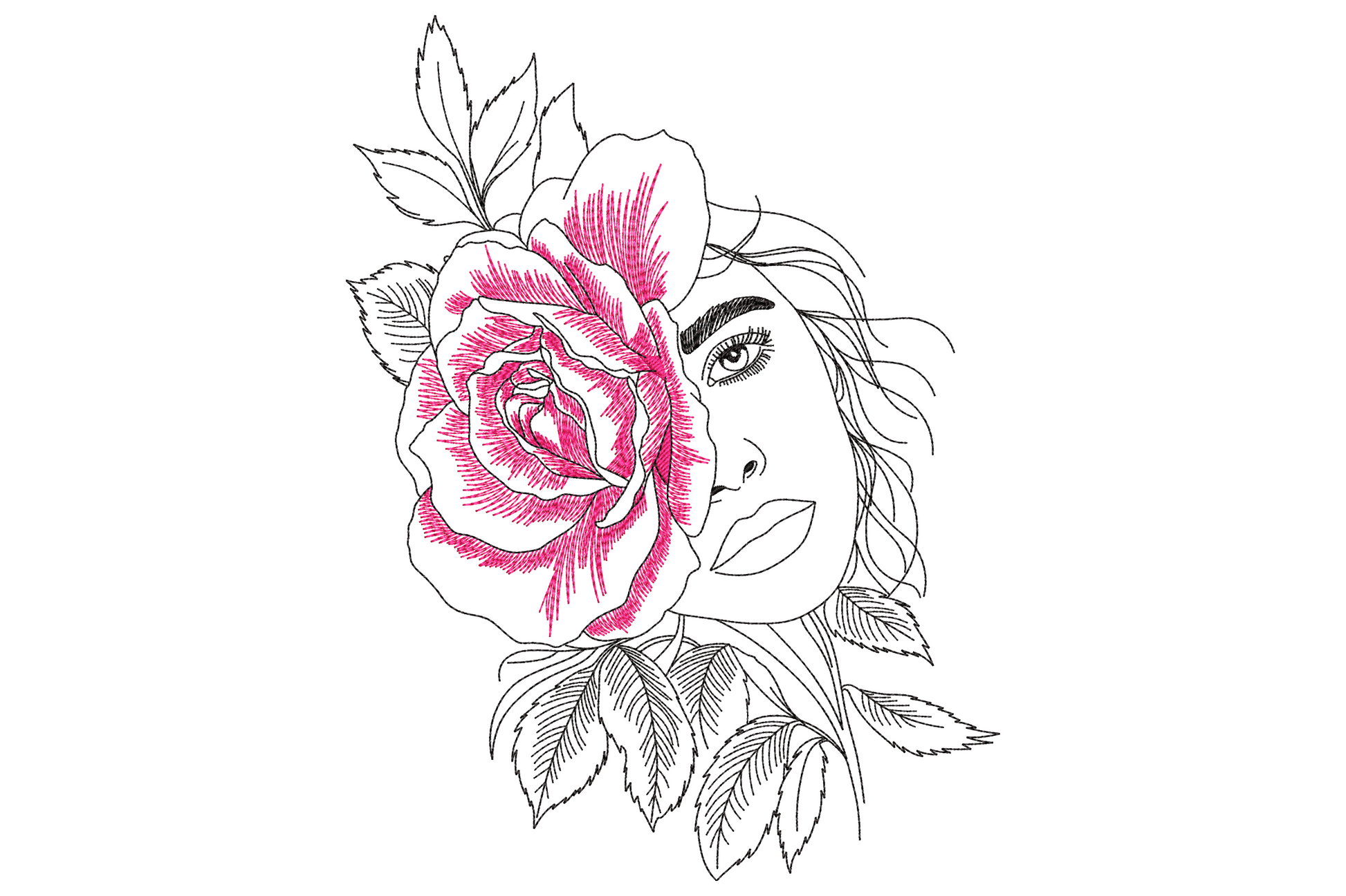 Rose woman face embroidery design, half portrait merged with a large crimson and pink rose, fine-line hatching detail and botanical leaf work.
