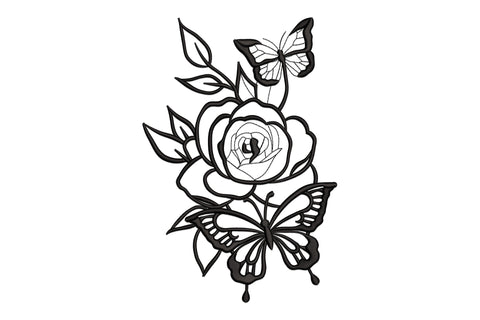 Bold black outline rose and butterfly line art embroidery with a full bloom rose, stem with four leaves and two monarch-style butterflies in tattoo flash style.