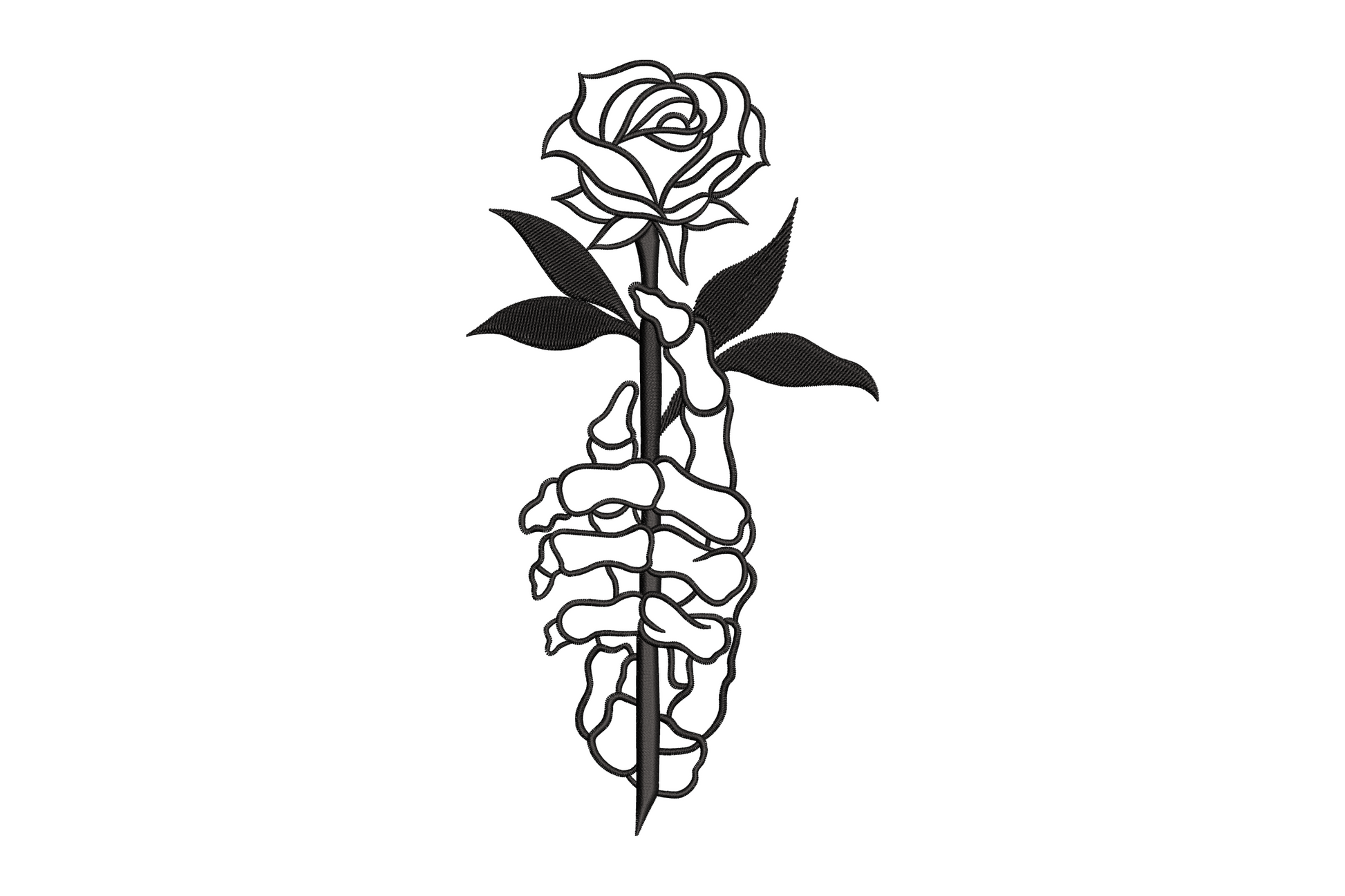 Gothic skeleton hand gripping a thorned rose stem with full bloom, black line art embroidery design on white background.