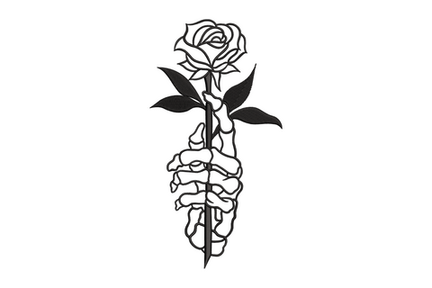 Gothic skeleton hand gripping a thorned rose stem with full bloom, black line art embroidery design on white background.