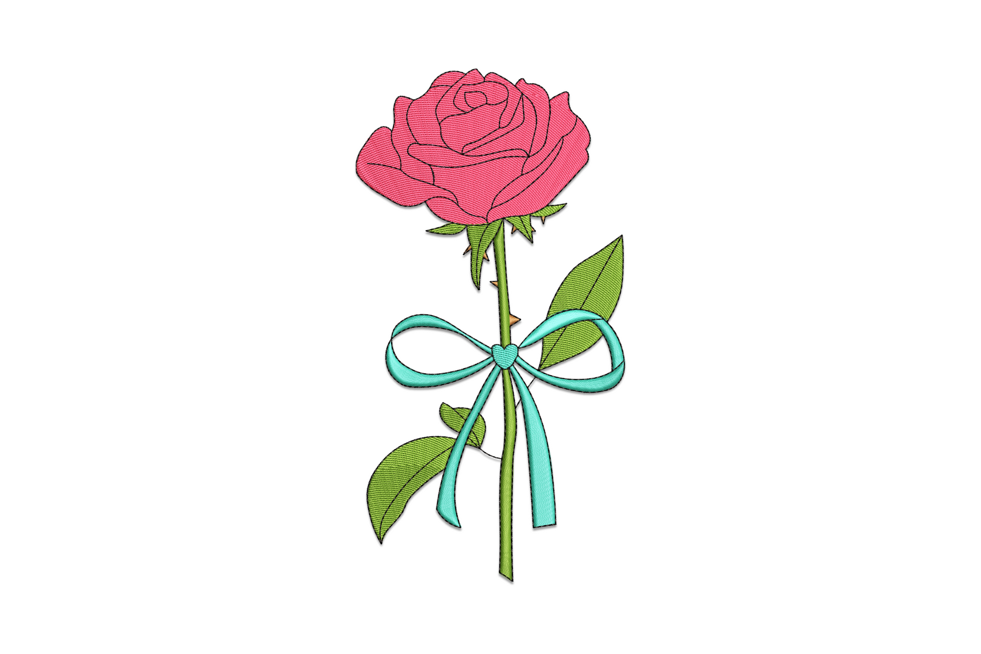 Rose with ribbon embroidery design showing a half-open pink rose bud with white satin bow ribbon and green leaves on white background.