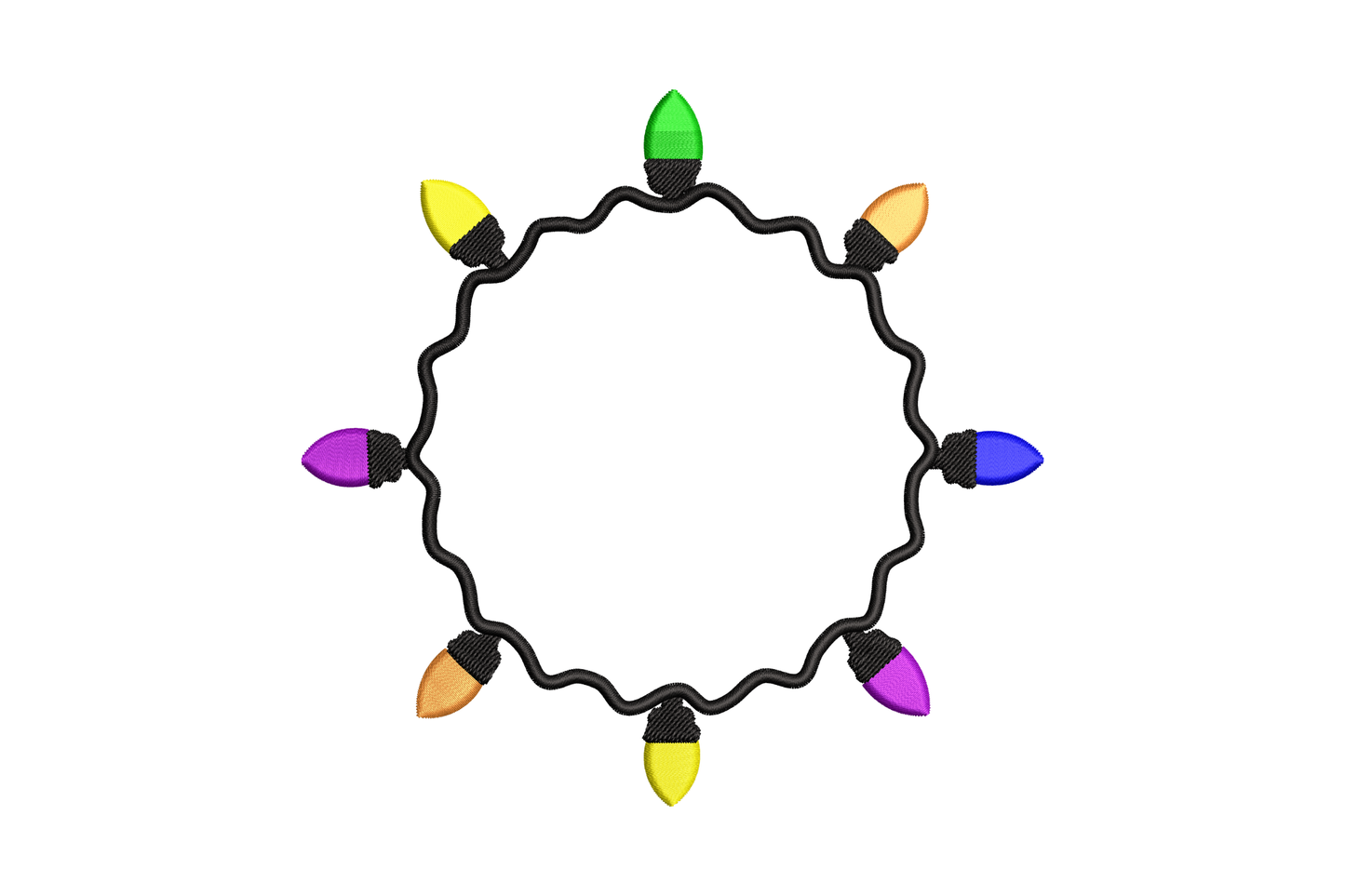 Round Christmas string lights wreath embroidery, 7 bulbs in green yellow orange purple blue on a circular cord, open centre