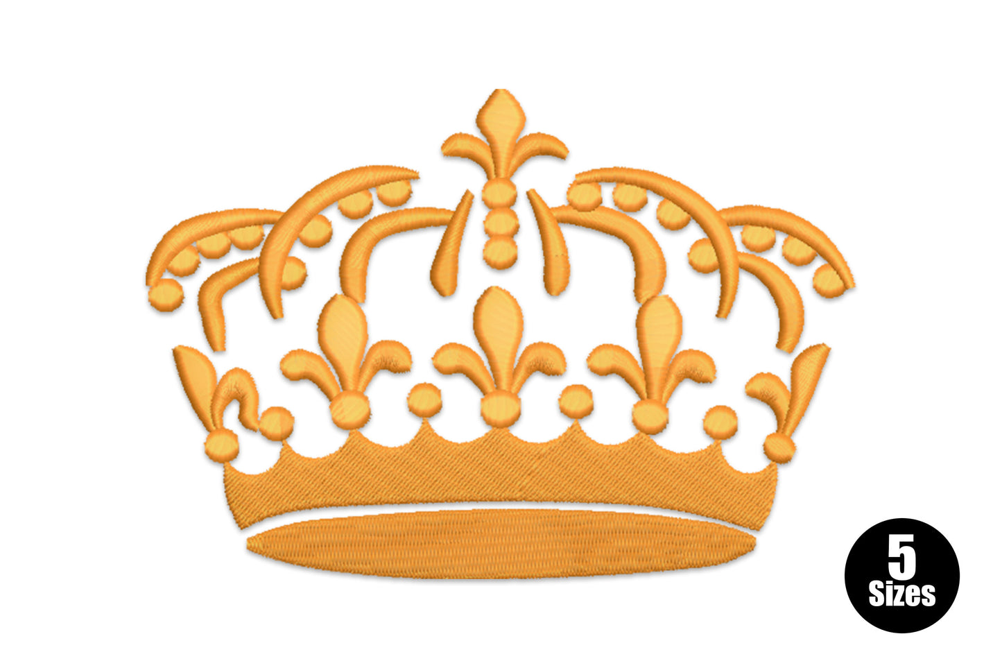 Royal fleur-de-lis crown embroidery in warm gold with satin finials and open arched sides, 5 sizes 1.39 to 4.15 inches