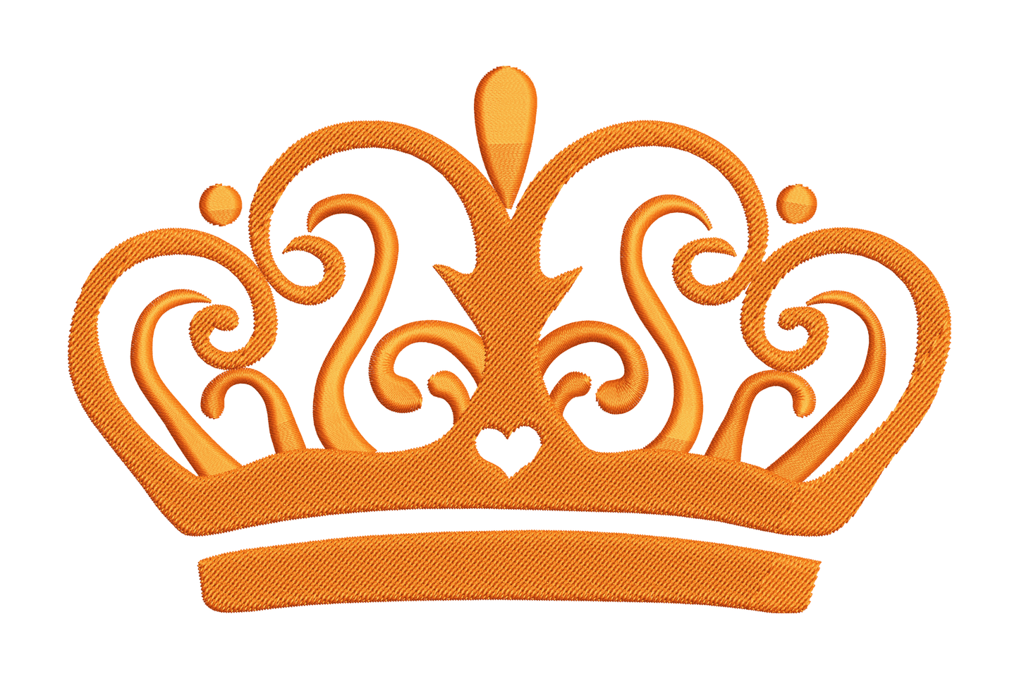 Solid queen crown with three humps, fleur topper, carved scrollwork, ball finials and a tiny heart cutout on the base