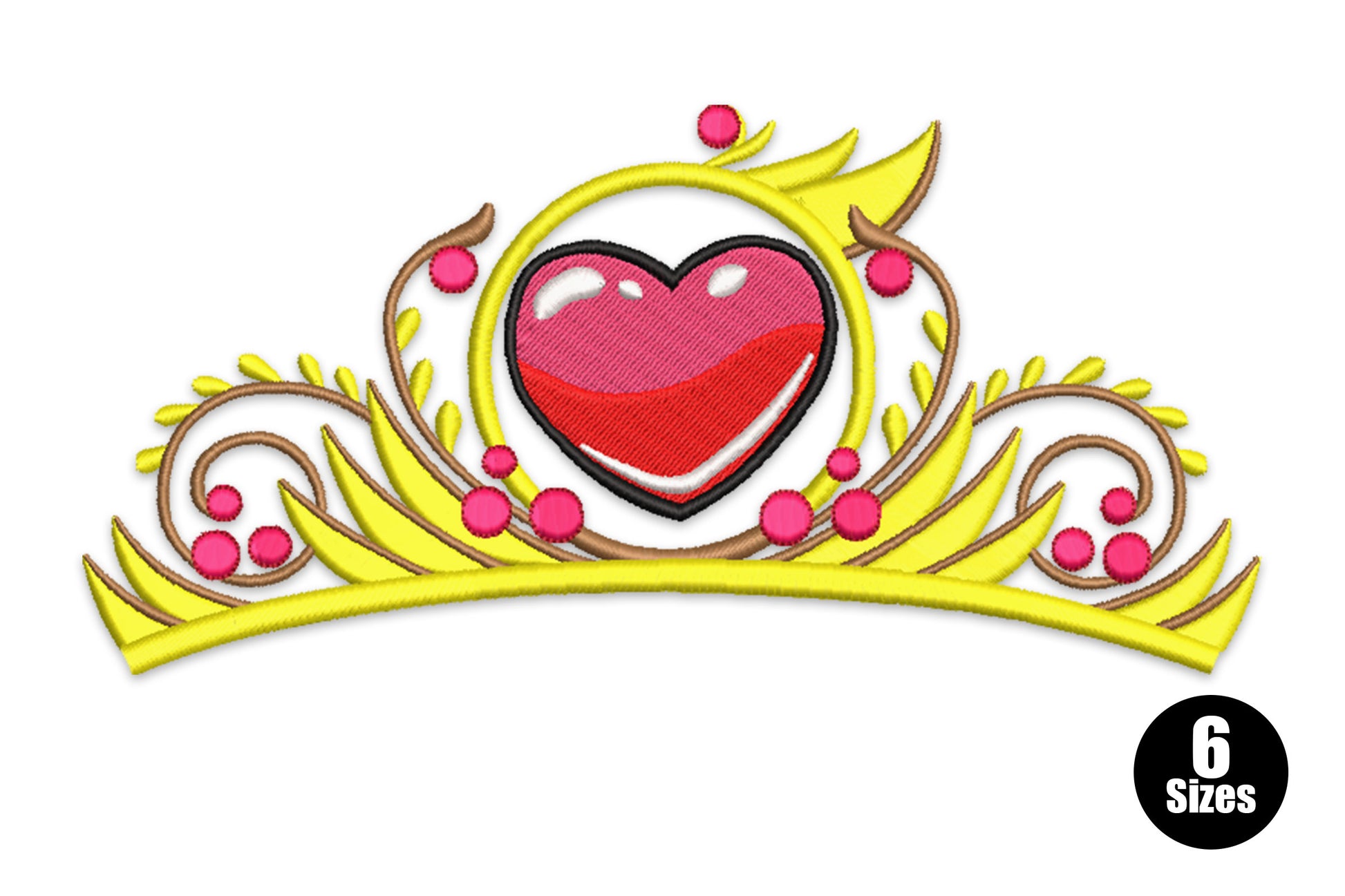 Royal heart crown embroidery design, ornate crown on a heart with jewel accents, 8 colours, 6 sizes from 1.5 to 3.9 inches.