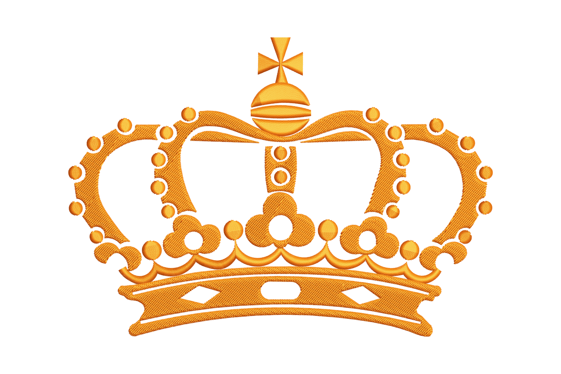 Royal jewel crown embroidery design in gold with jewel beads along the arches, stepped orb and small Latin cross finial