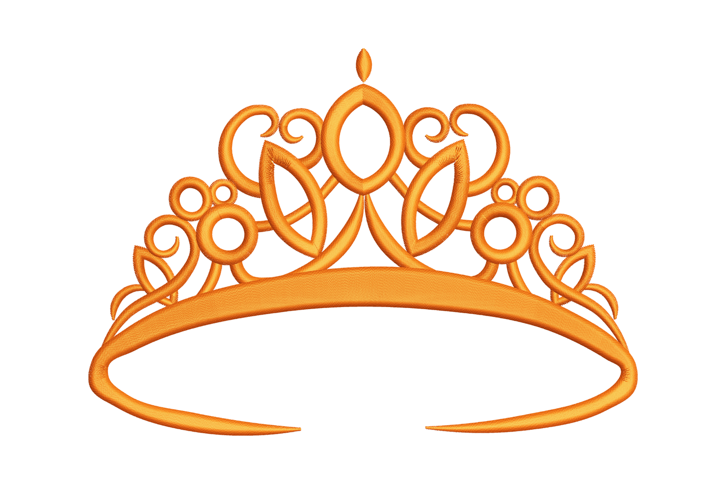 Filigree tiara with central oval jewel, scroll loops, dotted side circles and a thick curved bottom band in goldenrod