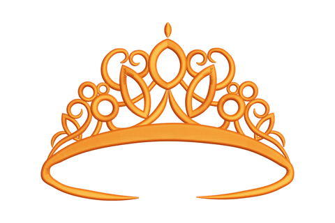 Filigree tiara with central oval jewel, scroll loops, dotted side circles and a thick curved bottom band in goldenrod