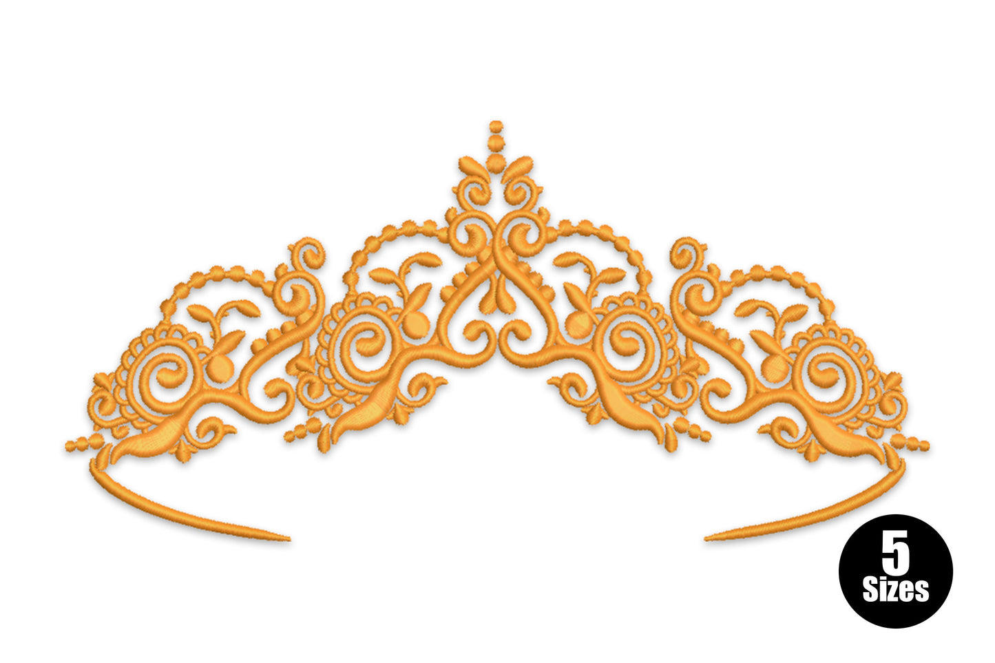 Ornate gold tiara crown embroidery with Victorian scrollwork, spiral curls and dot-bead border in single thread