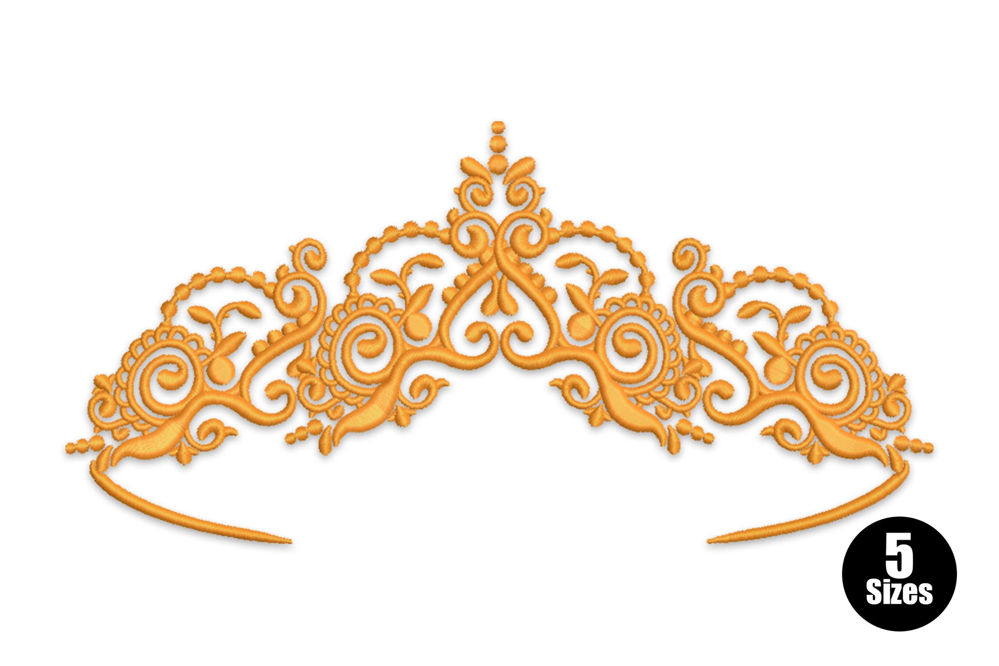 Ornate gold tiara crown embroidery with Victorian scrollwork, spiral curls and dot-bead border in single thread