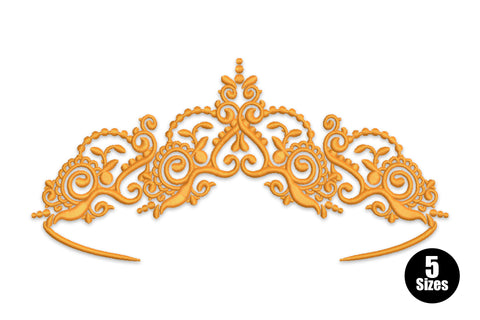 Ornate gold tiara crown embroidery with Victorian scrollwork, spiral curls and dot-bead border in single thread