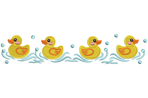 Rubber ducks in water border embroidery design showing yellow ducks bobbing in blue rippling waves, a narrow vertical strip in 6 bright colours.
