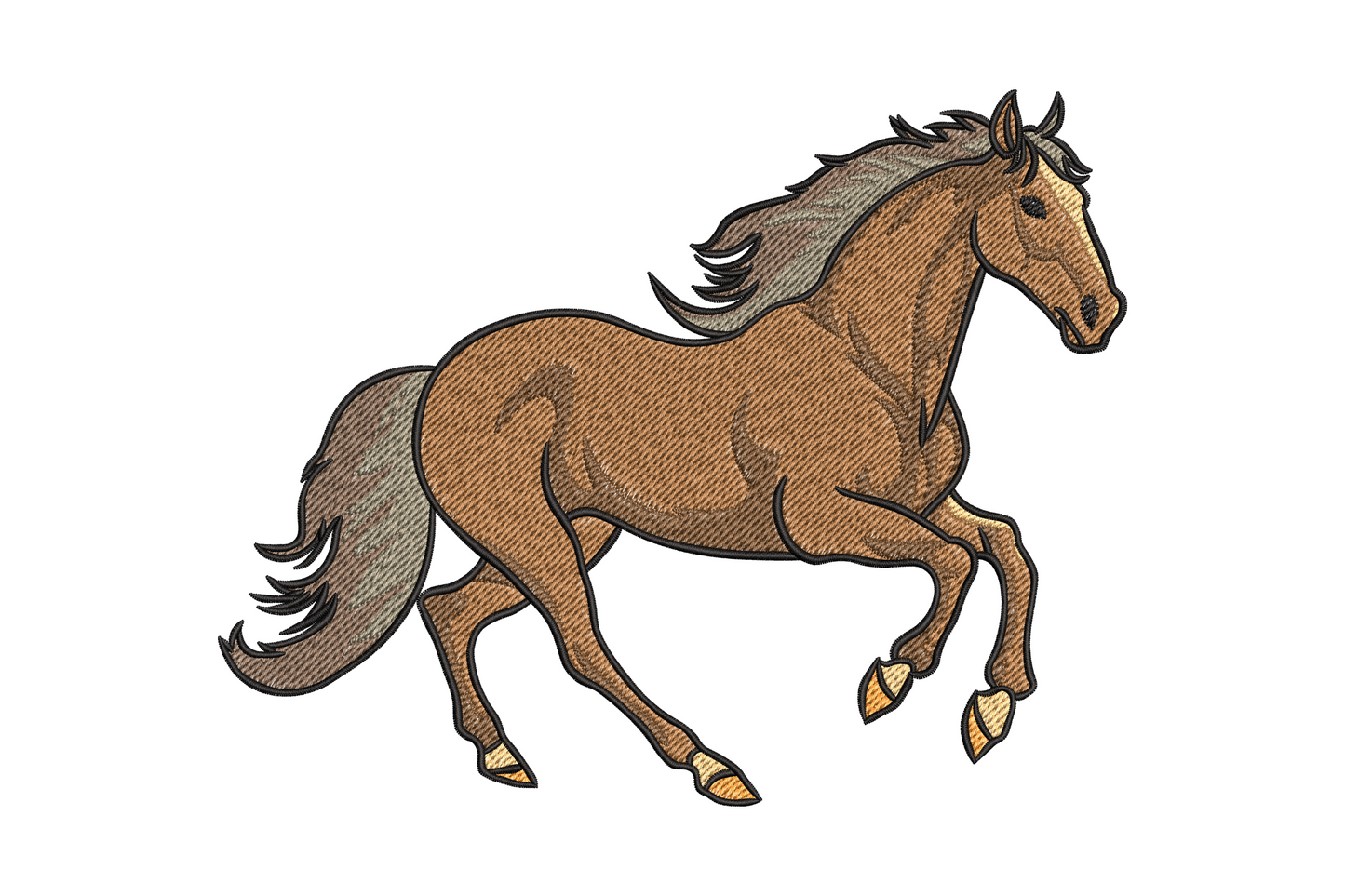 Running brown horse embroidery design showing galloping horse with chestnut body and flowing cream neck hair and tail, machine embroidery instant download.