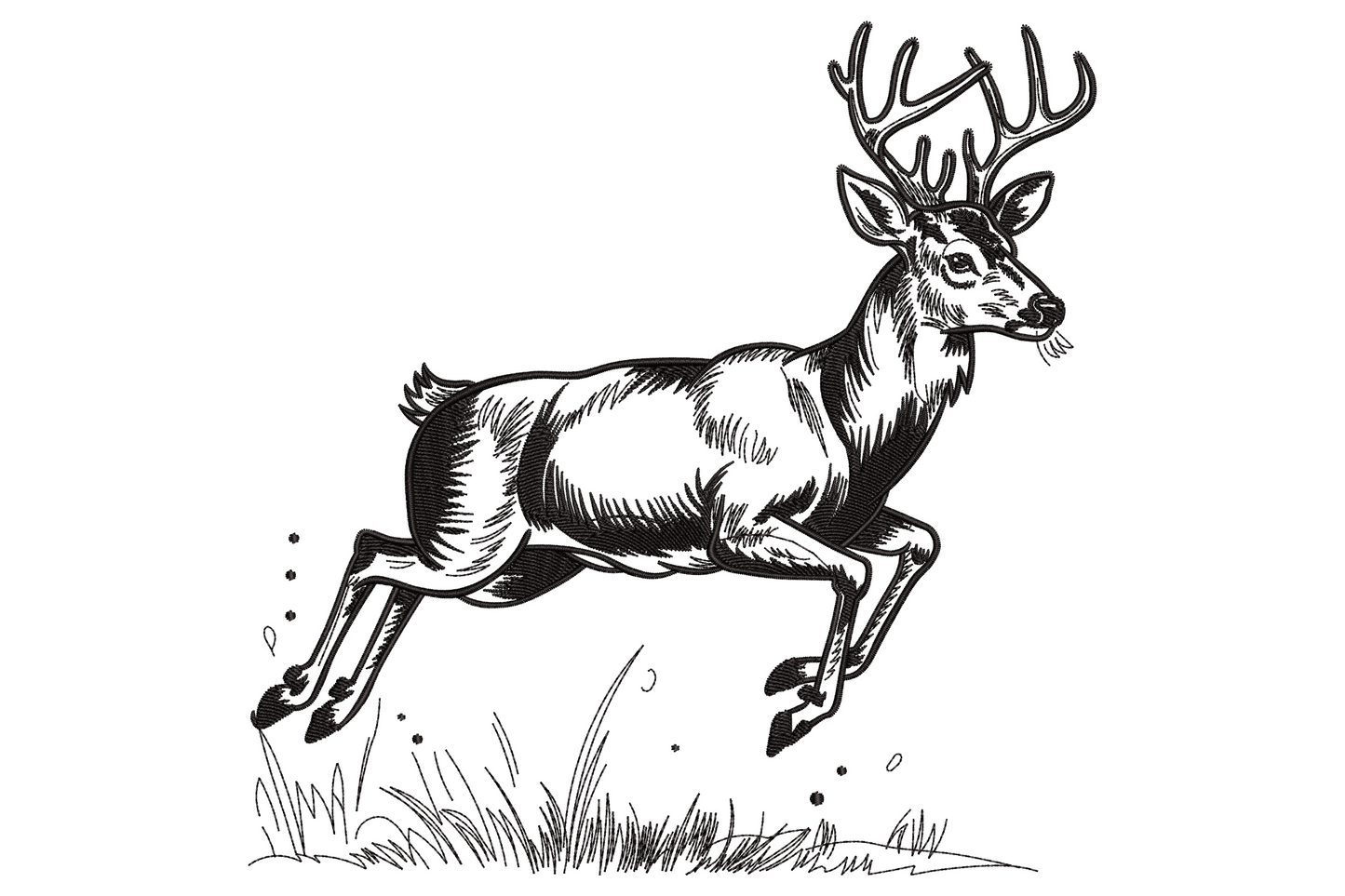 Running deer embroidery design drawn as a single black outline mid-stride with loose gestural antler strokes and no fill.