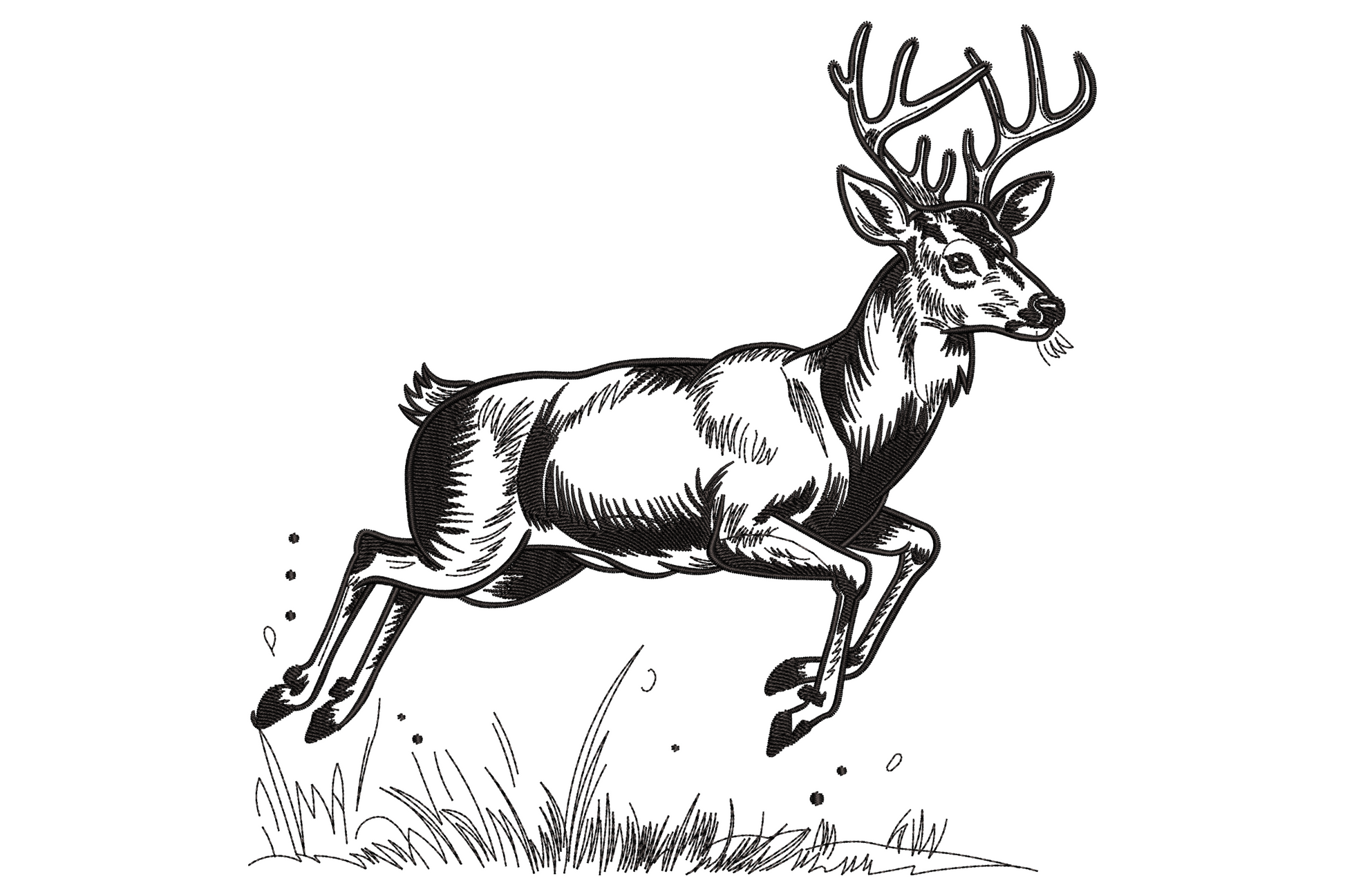 Running deer embroidery design drawn as a single black outline mid-stride with loose gestural antler strokes and no fill.