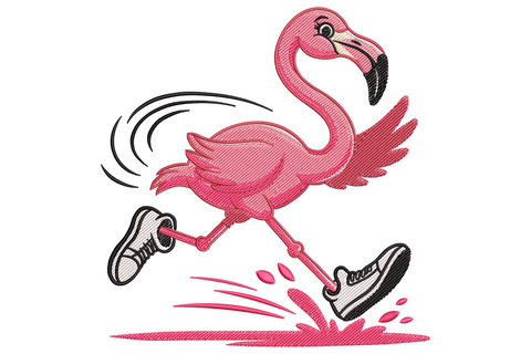 Running flamingo embroidery design with hot pink body, white sneakers, peach beak and motion splash trail behind feet.