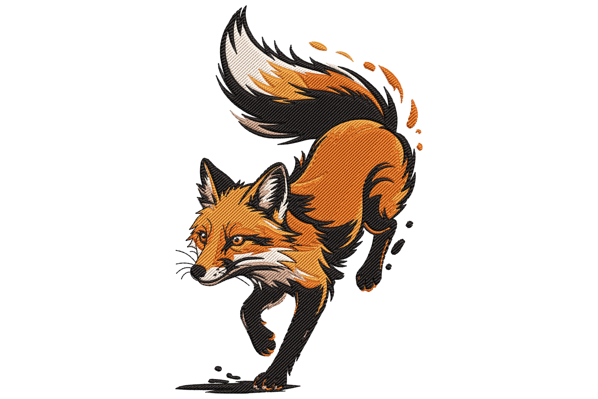Embroidered red fox mid sprint with bushy tail trailing motion specks, focused side glance and bright tangerine body against white belly and black legs
