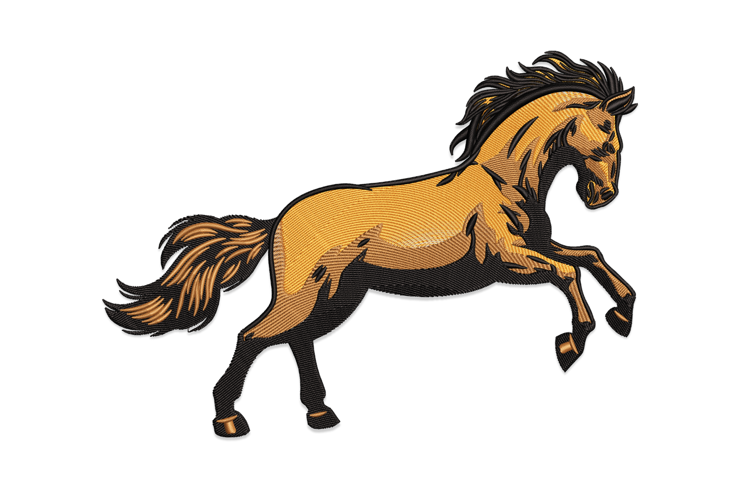 Running horse embroidery design in golden tan and black, full-gallop pose with flowing mane and tail and deep muscle shading detail.