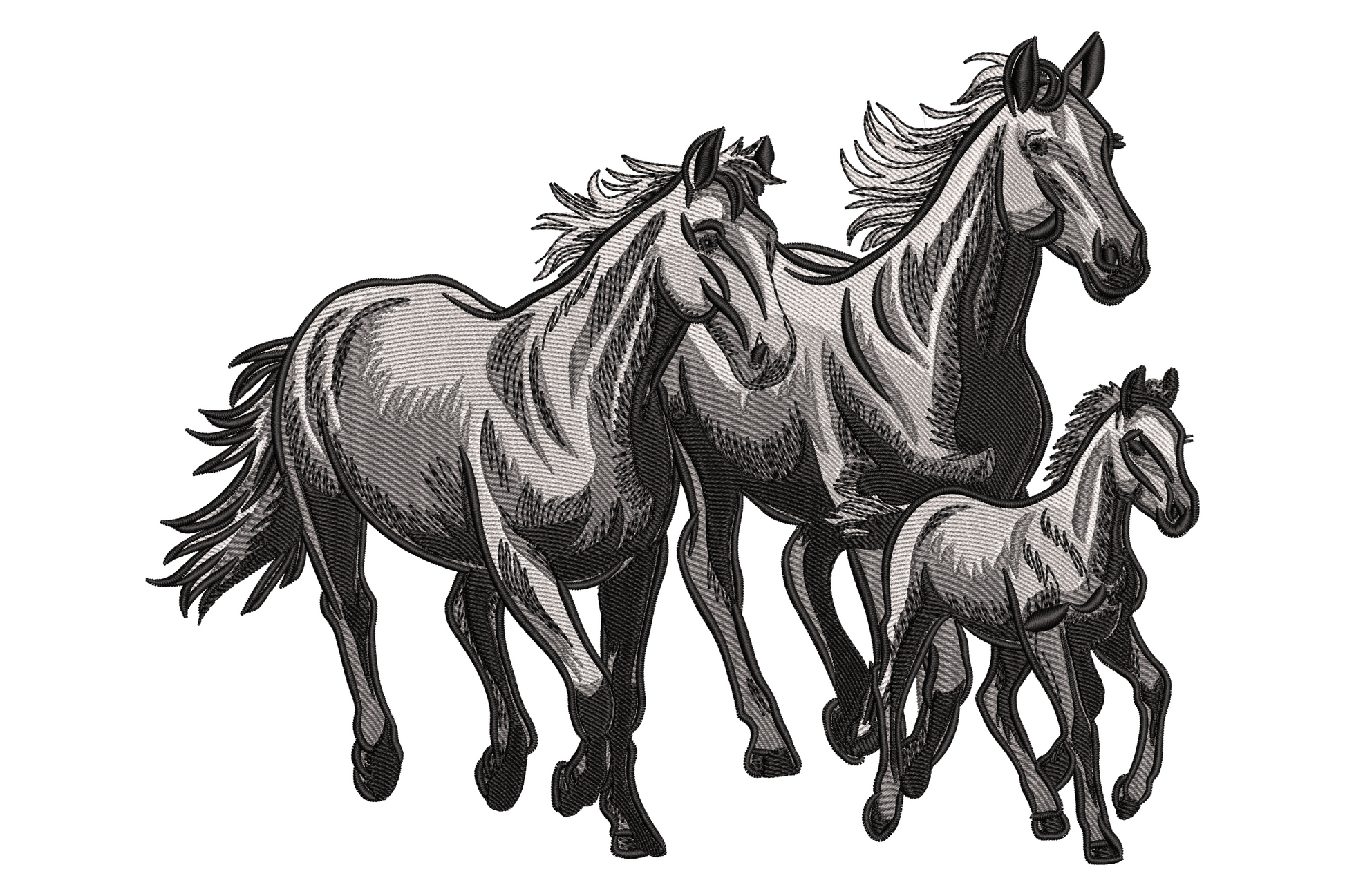 Running horse family machine embroidery design, wild horses galloping with streaming manes on tan canvas fabric