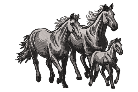 Running horse family machine embroidery design, wild horses galloping with streaming manes on tan canvas fabric