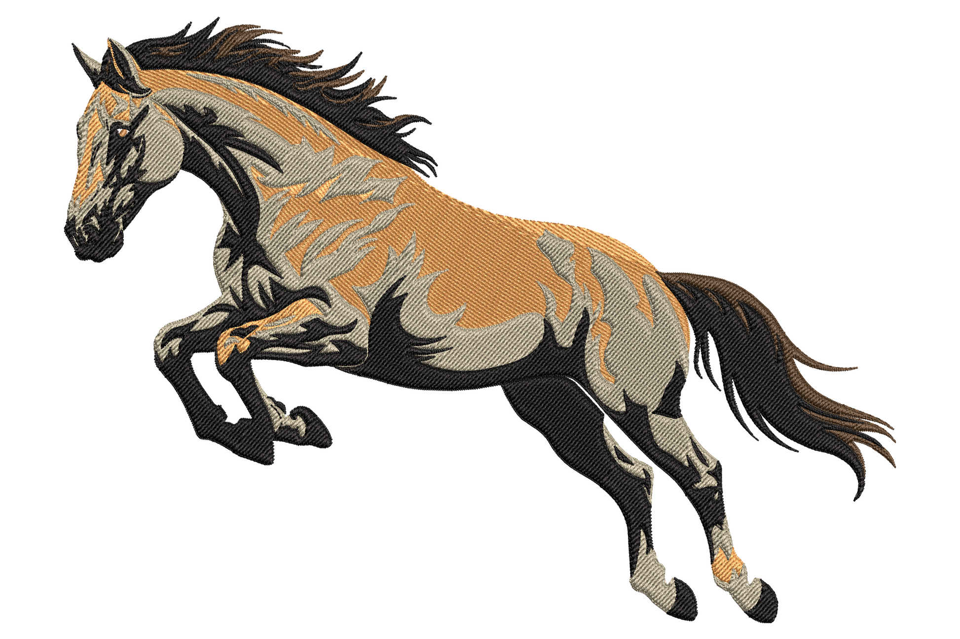 Running horse embroidery design in buckskin tan with dark brown mane and tail, mid-leap pose with bold black outline shading.