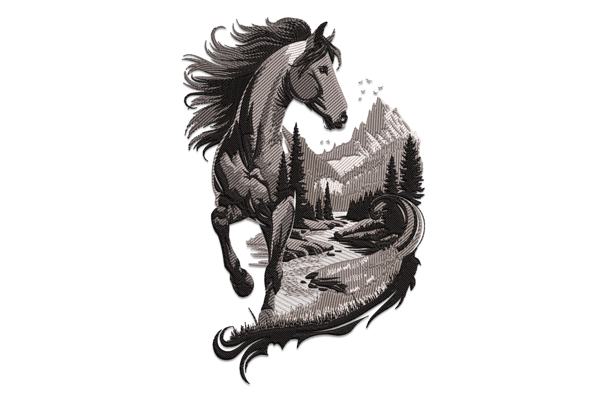 Running horse embroidery in full gallop with chestnut brown body, flowing black mane, low blue-grey mountain silhouette behind, machine embroidery design on white background