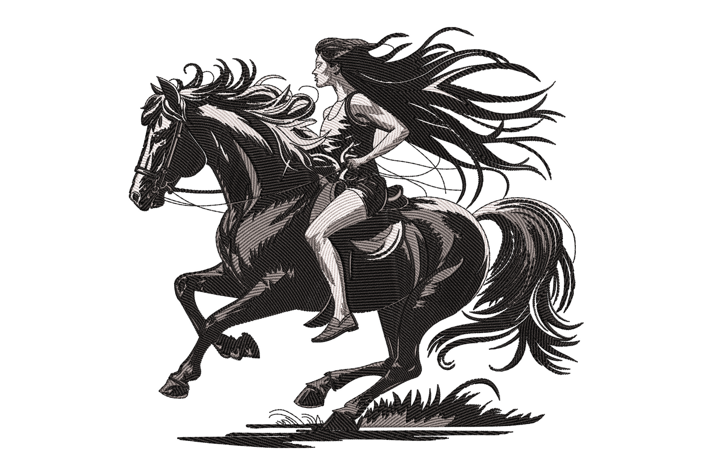 Machine embroidery design of a woman with flowing hair galloping on horseback, etching style, 3 colors, white grey black