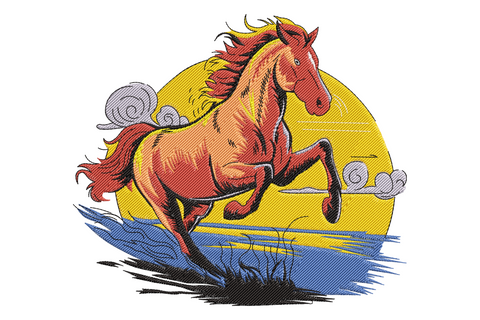 Running horse silhouette against layered sunset sky embroidery design, eight colours, orange amber and crimson