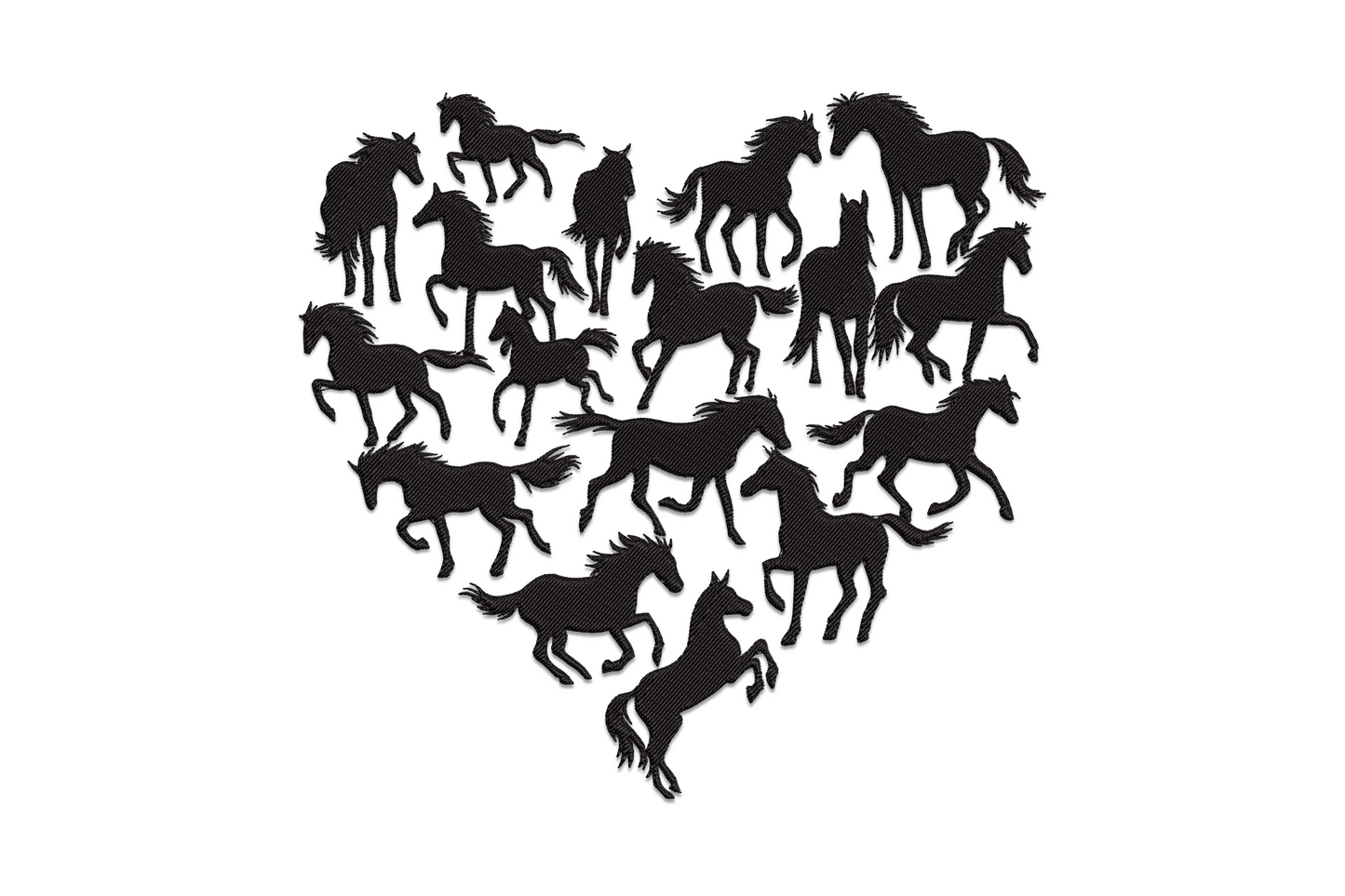 Two galloping horses inside a heart silhouette embroidery, solid dark fill with flowing manes and tails