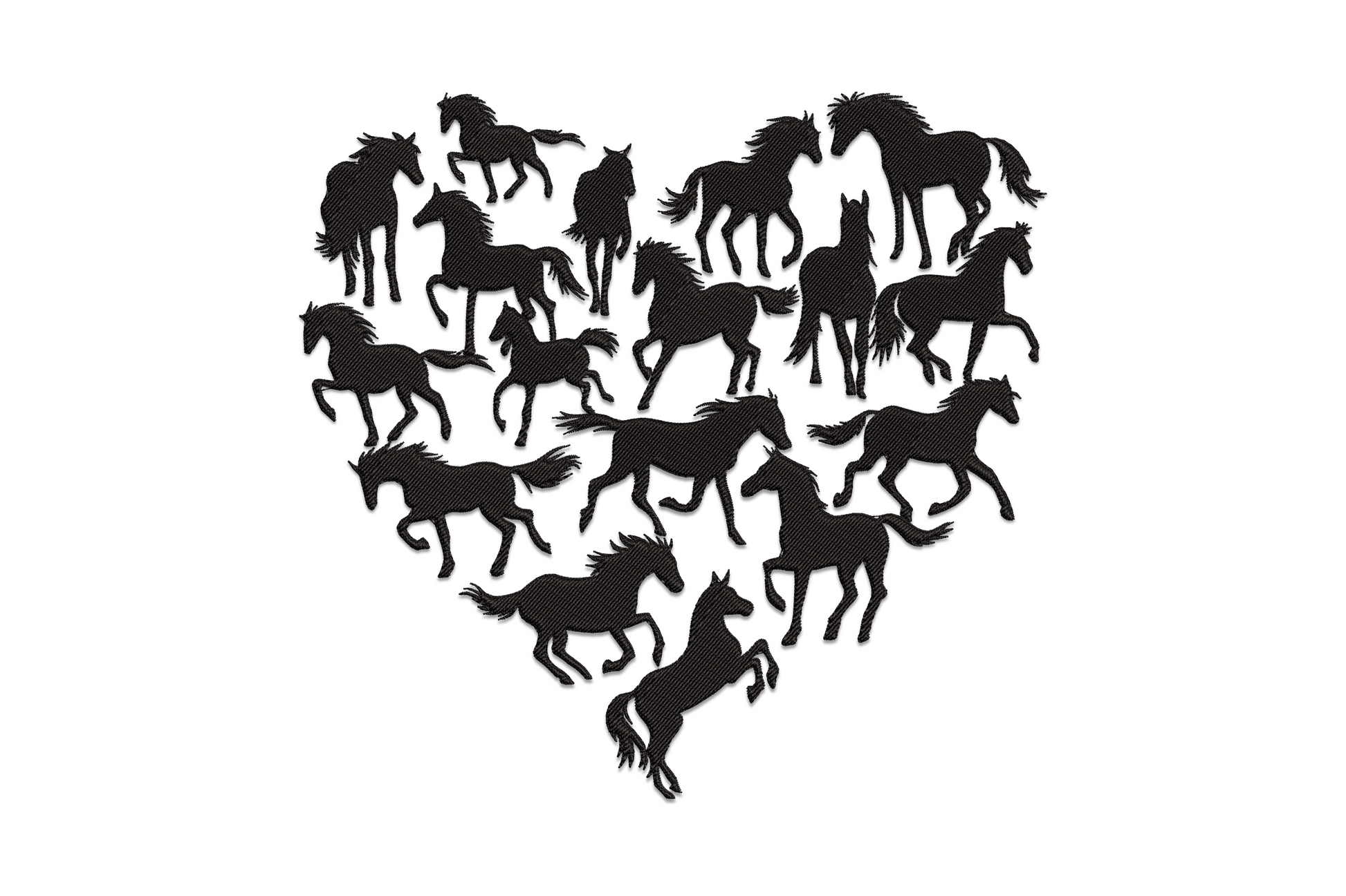 Two galloping horses inside a heart silhouette embroidery, solid dark fill with flowing manes and tails