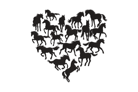 Two galloping horses inside a heart silhouette embroidery, solid dark fill with flowing manes and tails