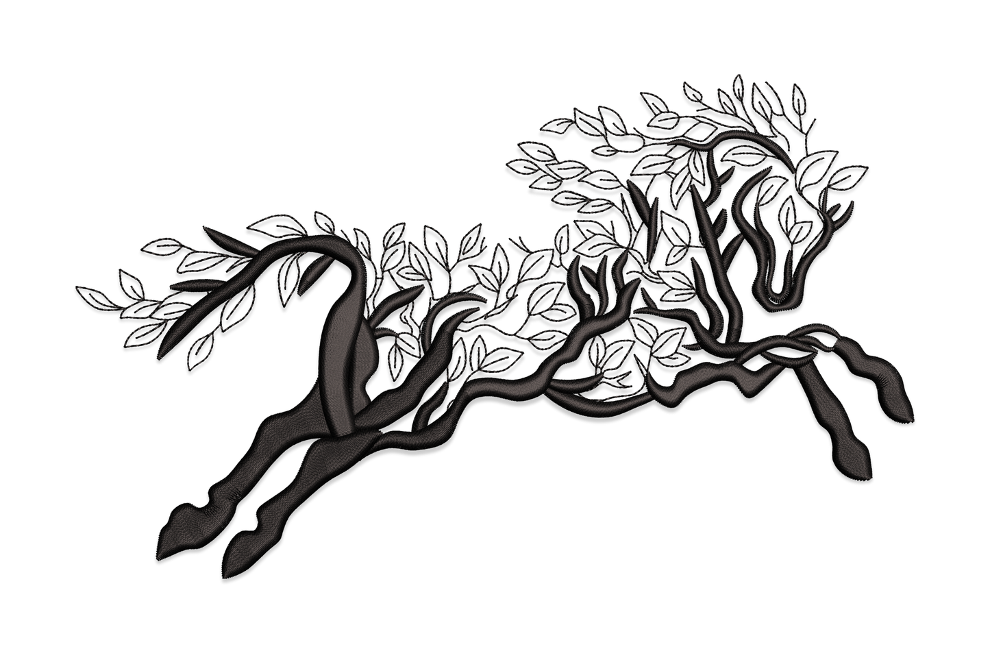 Running horse with tree embroidery design, horse body formed from gnarled branches and leafy twigs, black thread on white background.