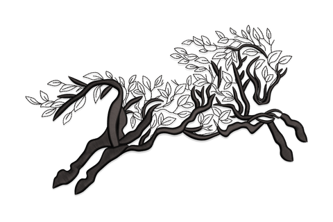 Running horse with tree embroidery design, horse body formed from gnarled branches and leafy twigs, black thread on white background.