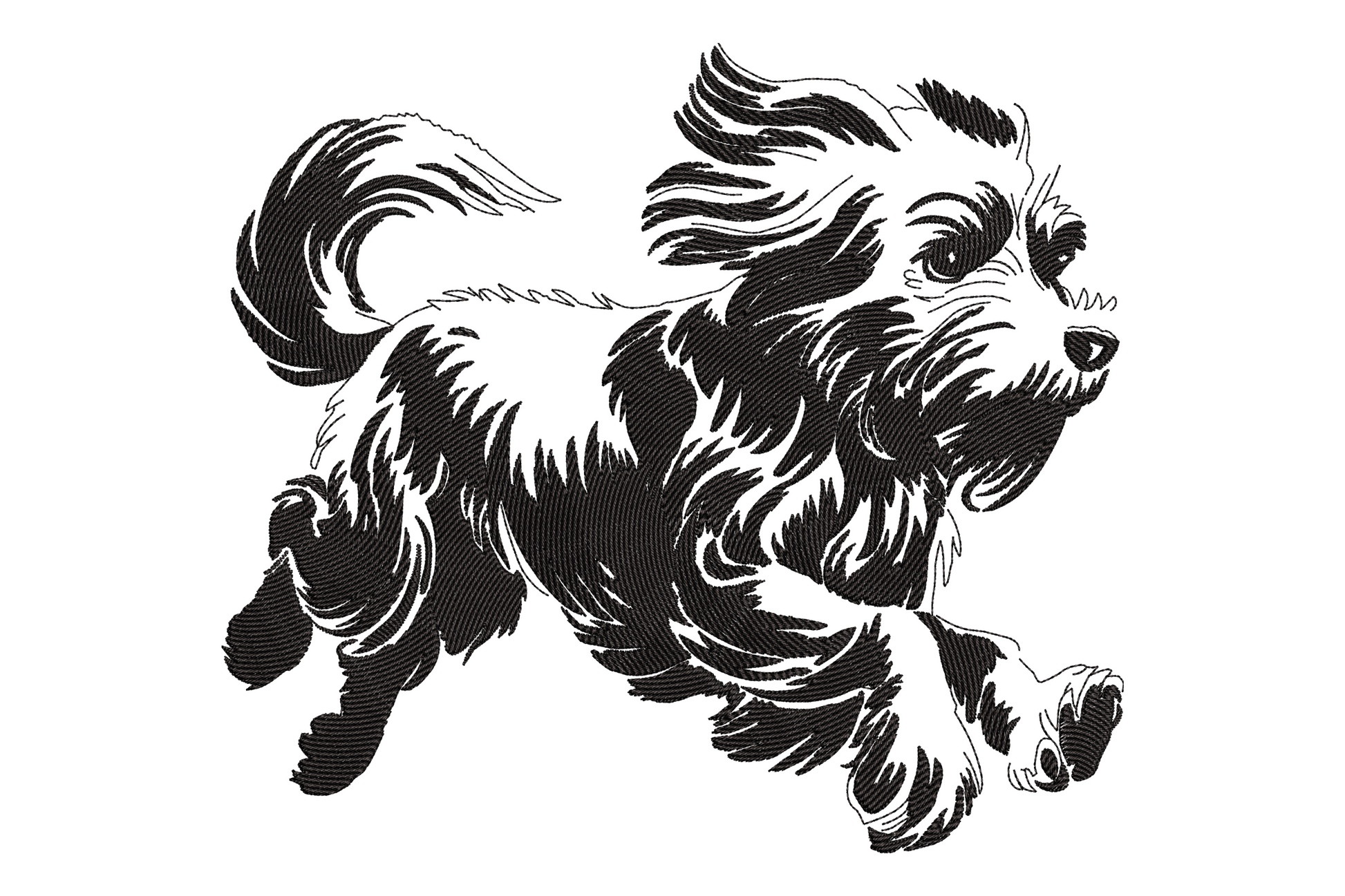 Running puppy embroidery design in black and white woodcut style, fluffy long-haired dog mid-sprint with fur streaming back.