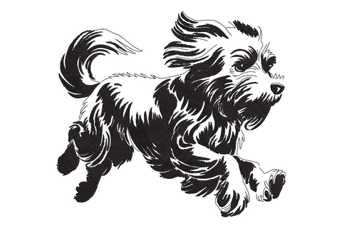 Running puppy embroidery design in black and white woodcut style, fluffy long-haired dog mid-sprint with fur streaming back.