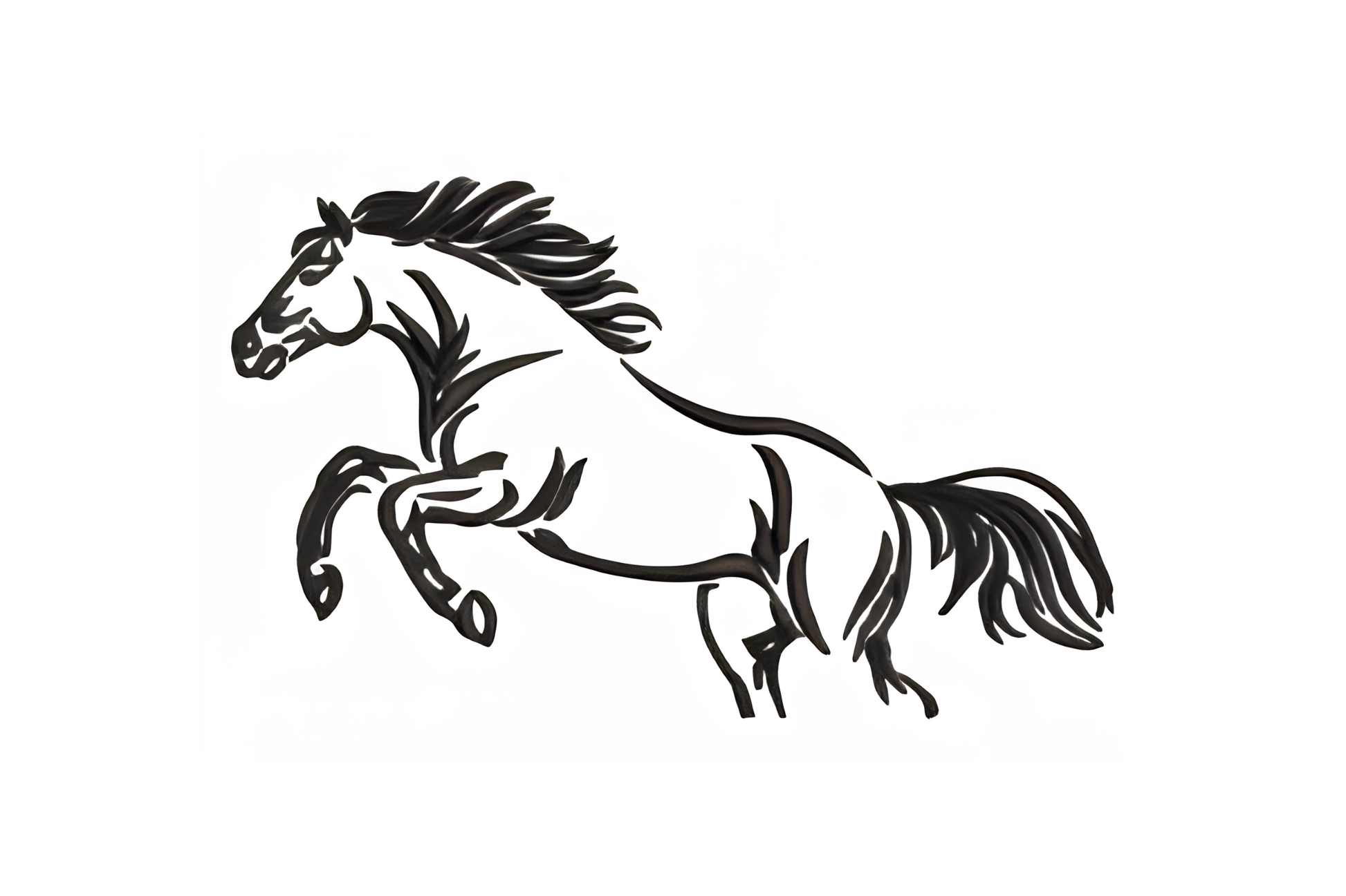 Running wild horse embroidery, bold black line art of a rearing mustang with flowing mane, single-colour equestrian design.