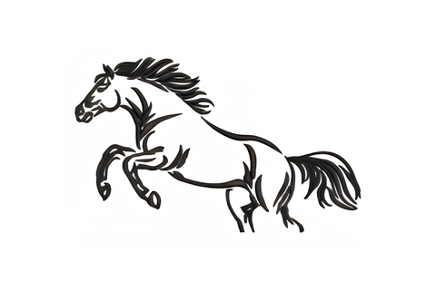 Running wild horse embroidery, bold black line art of a rearing mustang with flowing mane, single-colour equestrian design.